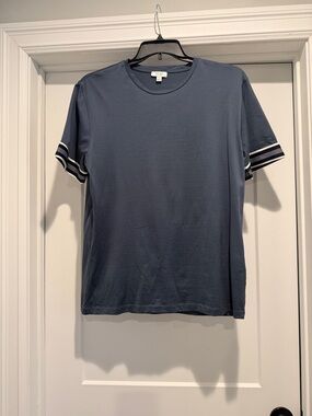 Reiss Men's Short-Sleeve Crewneck Tee in Dusty Blue with Striped Sleeve Trim
